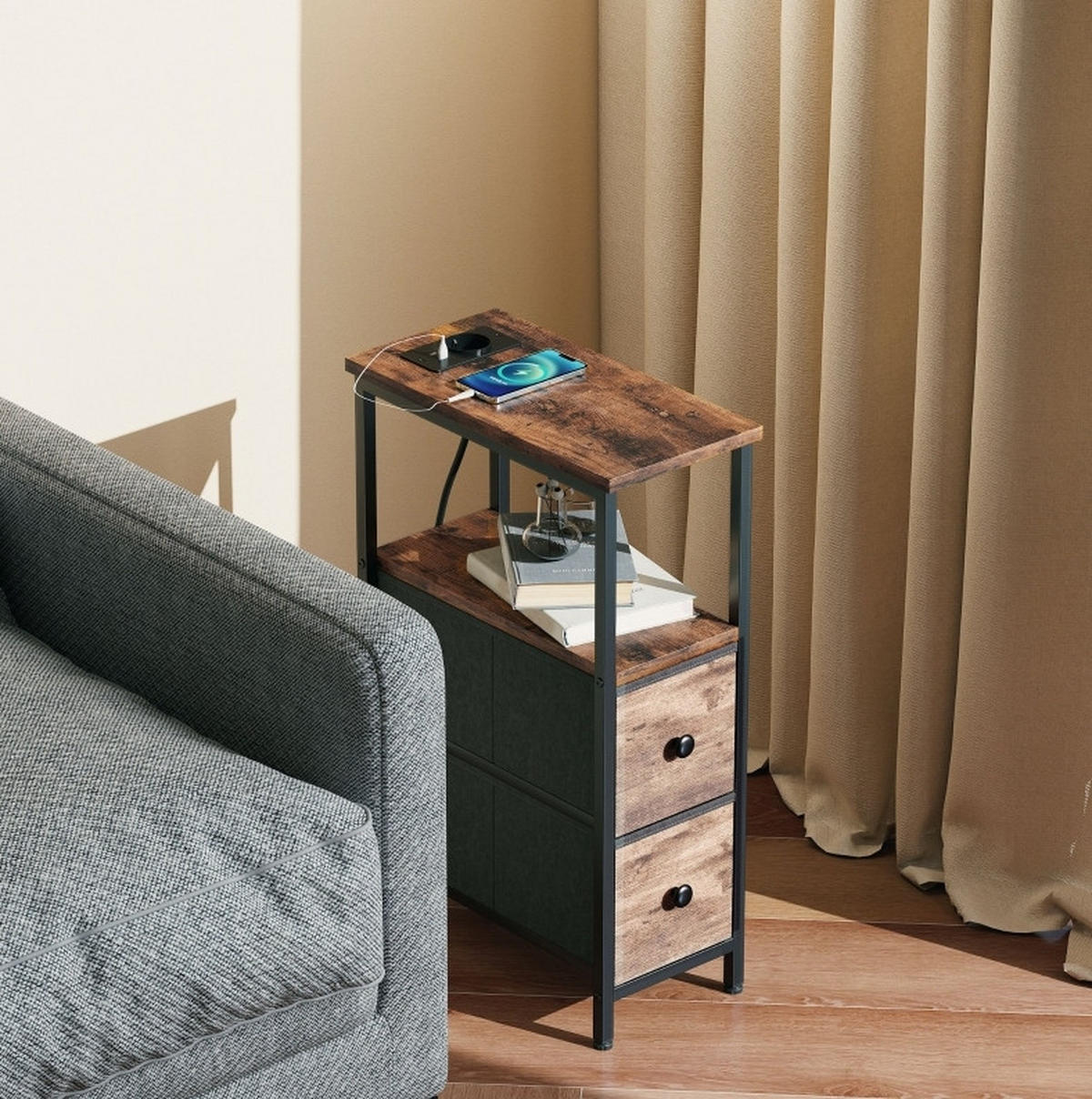 BEISTELLTISCH 20/40/63 cm mit Ladestation, 2 Stoffschubladen und offenem Fach, Holzoptik Rustikal Braun - Braun, Holz (40/20/63cm) - Redom