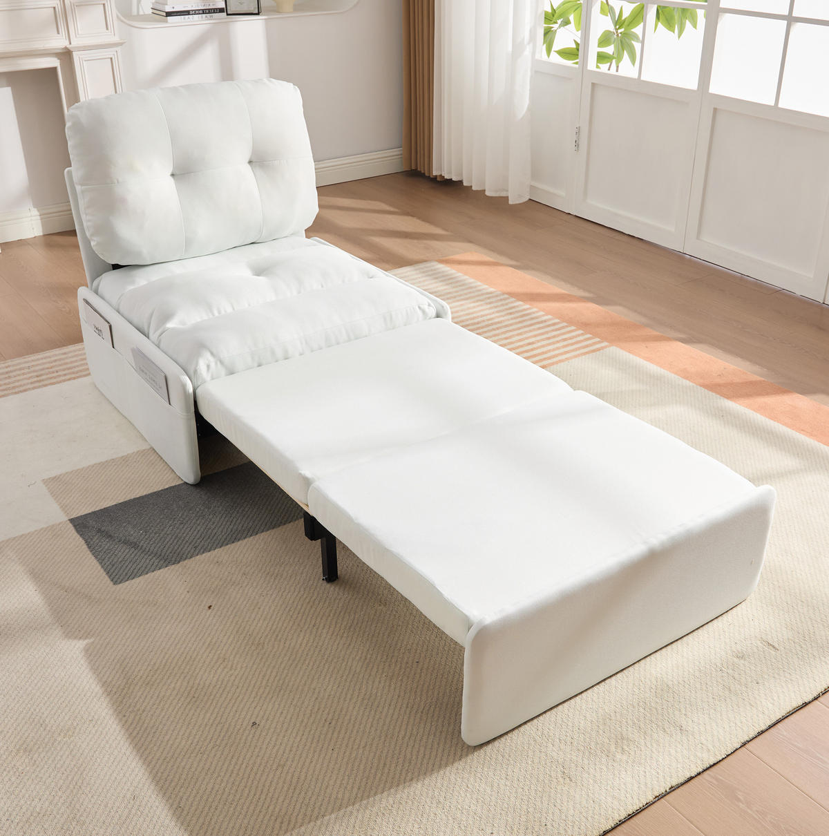 SCHLAFSESSEL aus Leinen 81,5x92x90 cm Weiß 2-in-1 ausziehbar mit Schlaffunktion und Seitentaschen - Weiß, Kunststoff (81.5/90/195cm) - Modfu