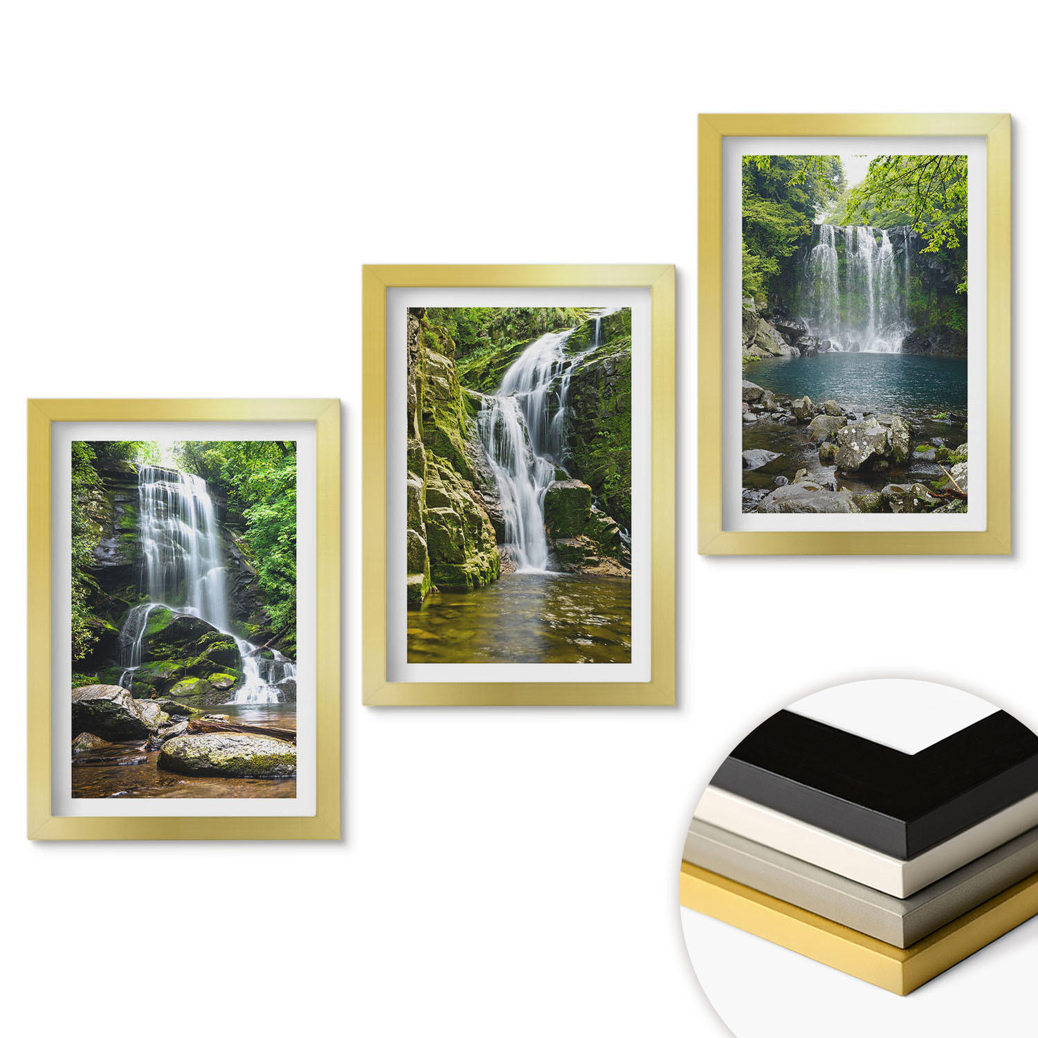 WANDBILDER 3er Set - 20x30 cm Goldrahmen - Wasserfälle, grüne Umgebung - Goldfarben, Kunststoff (20/30cm) - ArtPrintCave