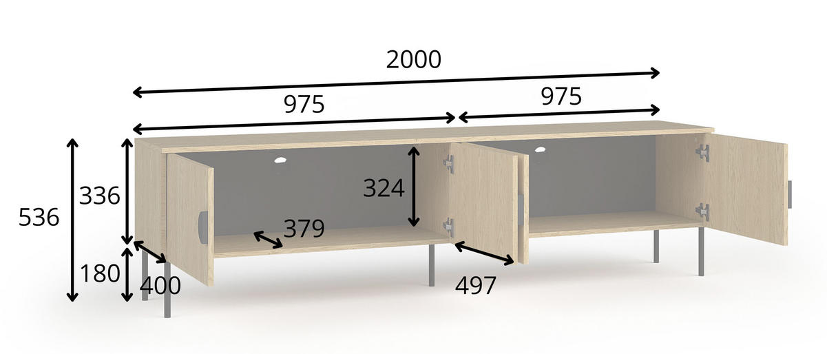 LOWBOARD Mond Eiche Baltic 200 / 40 / 53cm - Eichefarben/Schwarz, Holz/Holzwerkstoff (200/53/40cm) - Feldmann-Wohnen