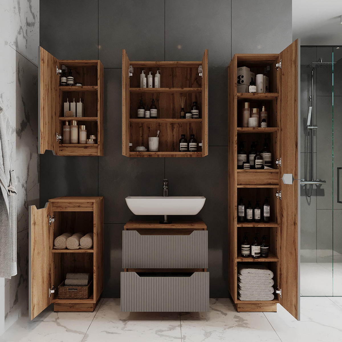 WASCHBECKENUNTERSCHRANK Lotta Eiche/grau gestreift 59.8 x 62.5 cm mit 2 Schubladen - Eichefarben/Grau, Holzwerkstoff (59.8/62.5/32cm) - Vicco