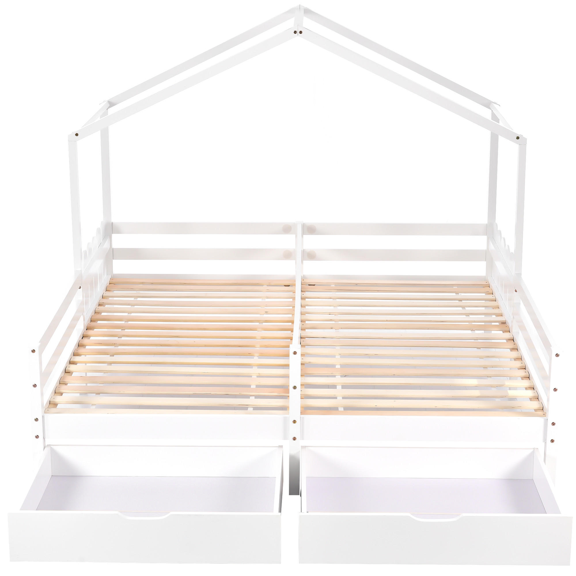HAUS-DOPPELBETT 208x188,5x158 geteiltes Kinderhausbett mit 2 MDF-Schubladen auf Rollen, Kiefer-Massivholz-Lattenrost, Patchwork-Schutzzaun, weiß - Weiß, Holz (90/200cm) - Luhomfu