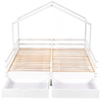 HAUS-DOPPELBETT 208x188,5x158 geteiltes Kinderhausbett mit 2 MDF-Schubladen auf Rollen, Kiefer-Massivholz-Lattenrost, Patchwork-Schutzzaun, weiß - Weiß, Holz (90/200cm) - Luhomfu