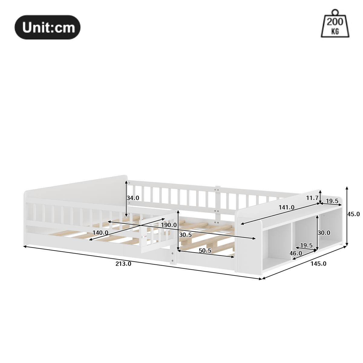 KINDERBETT 140 x 190cm, Kiefernholz, zu öffnendes Gehäuse, ohne Matratze, weiß - Weiß, Holz (140/190cm) - KOMHTOM