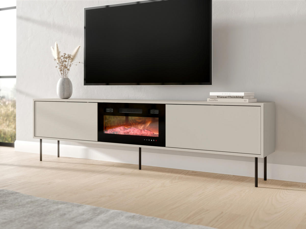 TV-LOWBOARD Masha 200 EF mit Kamin - Kaschmir/Schwarz, Holzwerkstoff/Metall (200/48/30cm) - MIRJAN24