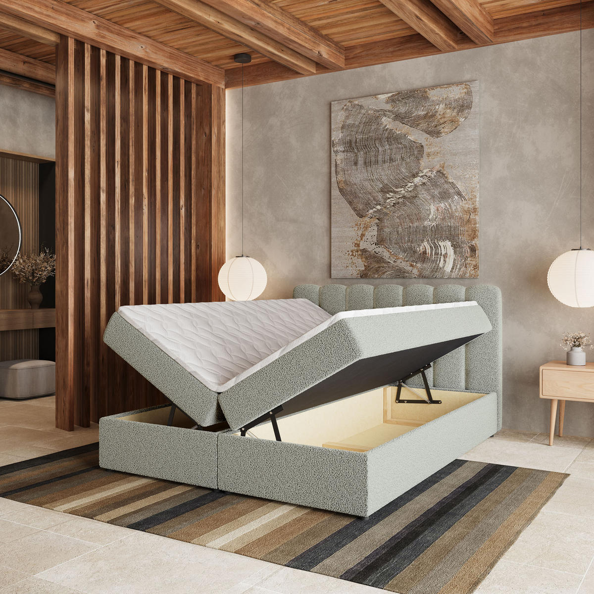 BOXBETT SOLIA 160x200 cm mit Matratze und Topper, H2+H3 - Hellgrau - Hellgrau, Holz (160/200cm) - MASSENO