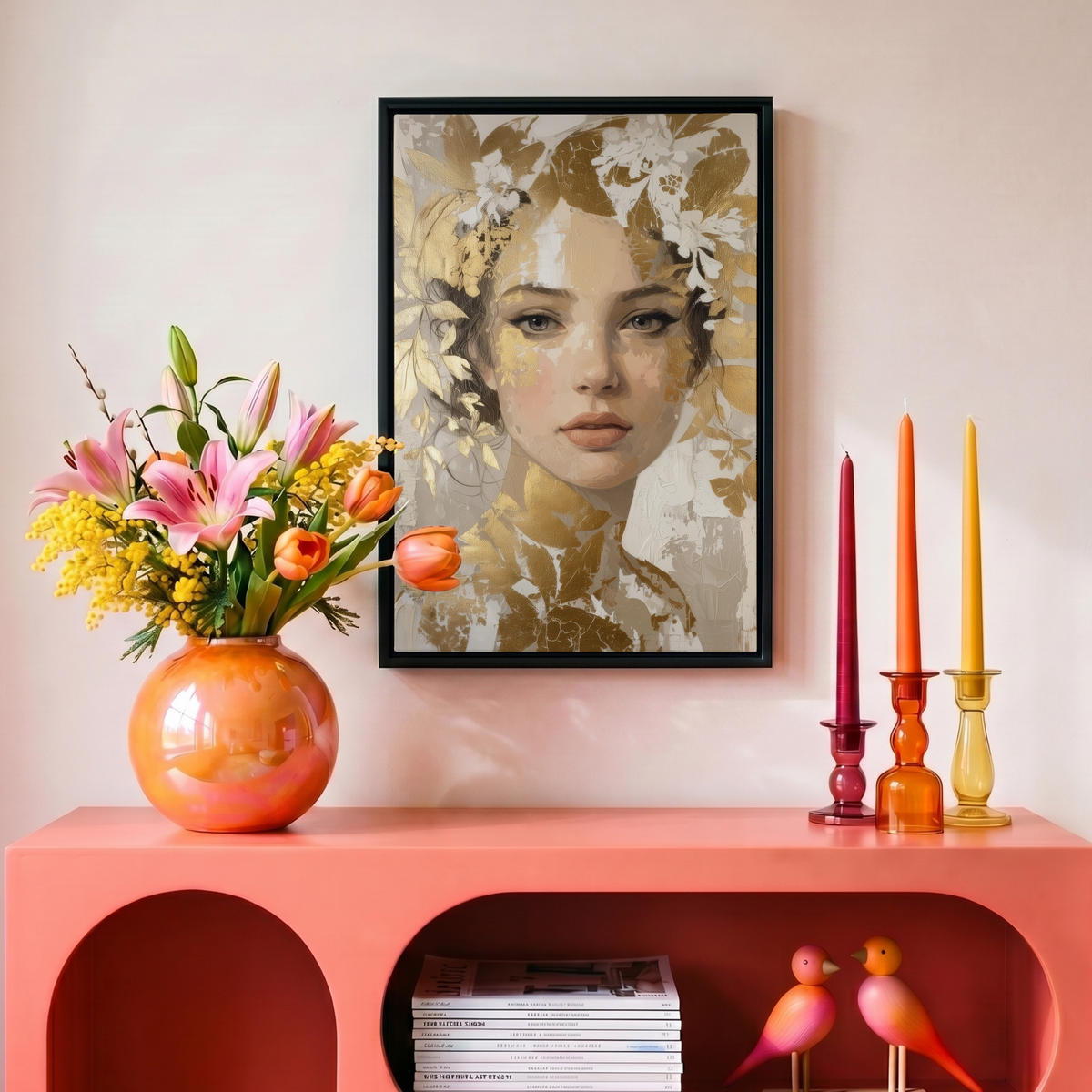 LEINWAND Bilder mit Rahmen - Gesicht - Frau - Blätter - Gold - 20x30 - Beige, Textil (20/30cm) - MuchoWow