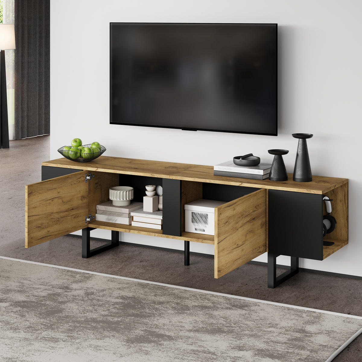 TV STOLEK přírodní barva se 2 skříňkami a otevřenými policemi, pro TV do 75", 180 × 40 × 55 cm - přírodní/černá, kov/kompozitní dřevo (180/55/40cm) - STILVORA