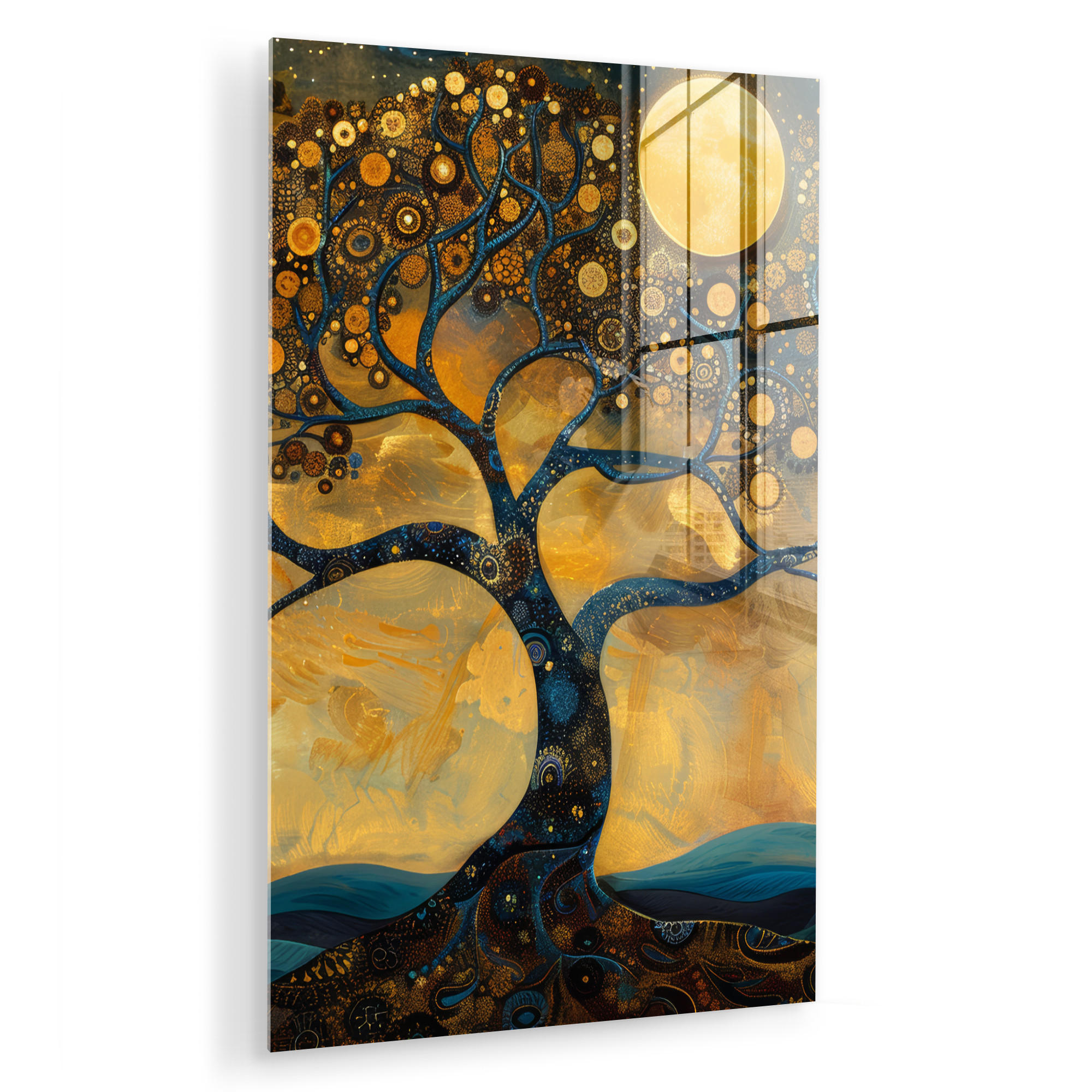 MuchoWow OBRAZ NA AKRYLOVÉM SKLE Strom - Měsíc - Květiny - Zlato - Umění 60x90 cm