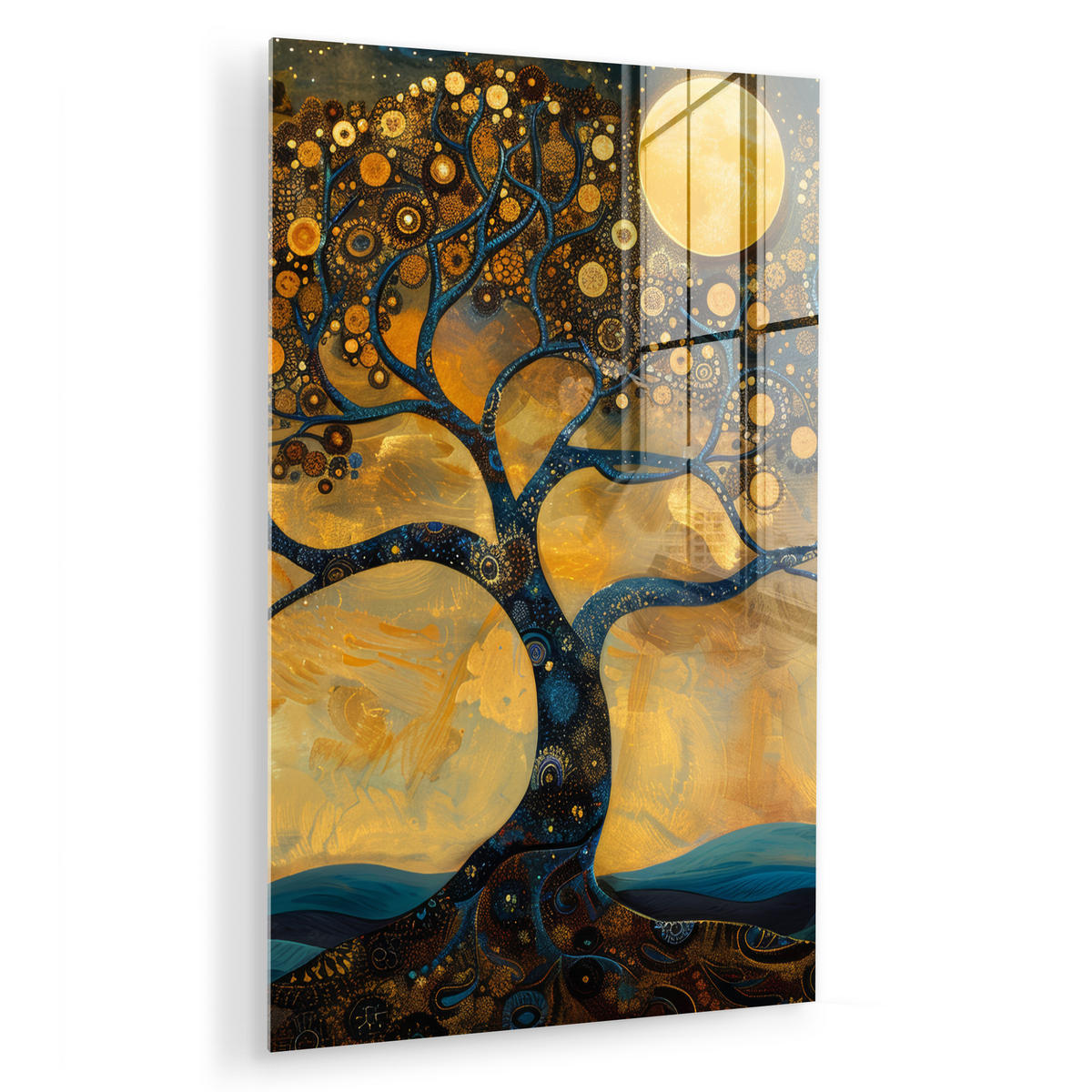 ACRYLGLASBILD Baum - Mond - Blumen - Gold - Kunst 40x60 cm - Orange, Glas (40/60cm) - MuchoWow