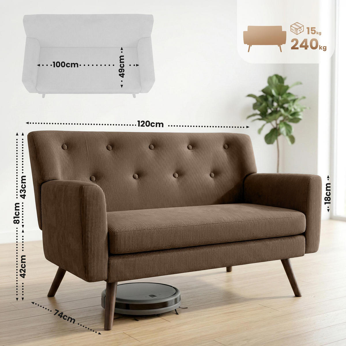 SOFA Arne Cord 2-Sitzer 120x74x81cm Cord Dunkelbraun Couch - Dunkelbraun, Kunststoff (120/81/74cm) - DELUKE