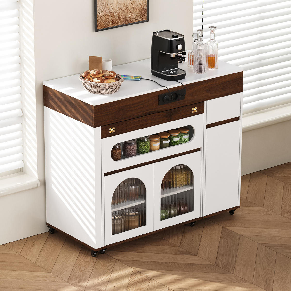 KÜCHENINSEL aus MDF 50.5-187.5x110.5x95.5 cm Weiß/Walnuss mit Ausziehtisch & Steckdosen - Weiß/Braun, Holzwerkstoff (187.5/95.5/110.5cm) - Modfu