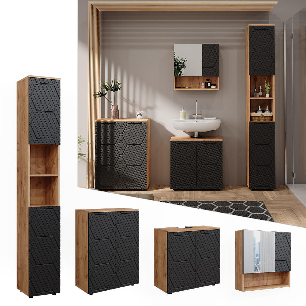 BADMÖBEL-SET Irma Anthrazit gestreift 4 Teile mit Hochschrank und Kommode - Anthrazit/Eiche Wotan, Holzwerkstoff (80/58.6/41cm) - Vicco