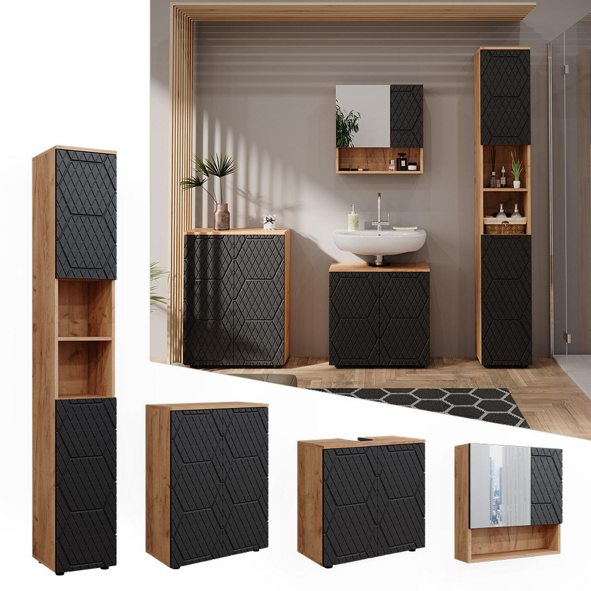 BADMÖBEL-SET Irma Anthrazit gestreift 4 Teile mit Hochschrank und Kommode - Honigeiche/Anthrazit, Holzwerkstoff (80/58.6/41cm) - Vicco