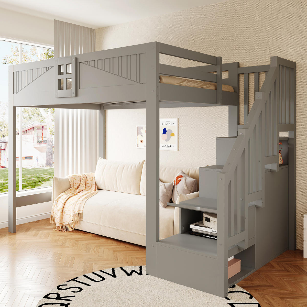 HOCHBETT 140/200 cm mit Stauraumleiter, DE-41580, in Grau - Grau, Holzwerkstoff (140/200cm) - ComfortXL