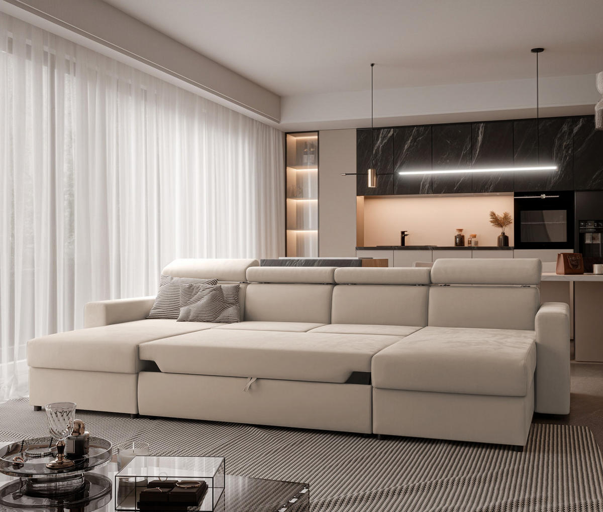 WOHNLANDSCHAFT BENI U II mit verstellbaren Kopfstützen und Schlaffunktion, Farbe: Beige - Beige/Schwarz, Kunststoff/Textil (302/60/166cm) - Idohome