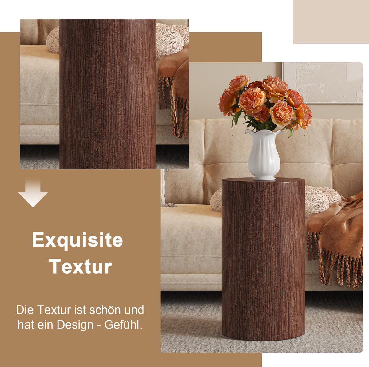 COUCHTISCH 30/55 cm in Nussbaumoptik aus MDF–rund und vielseitig - Walnussfarben, Holzwerkstoff (30/30/55cm) - Flora Grace