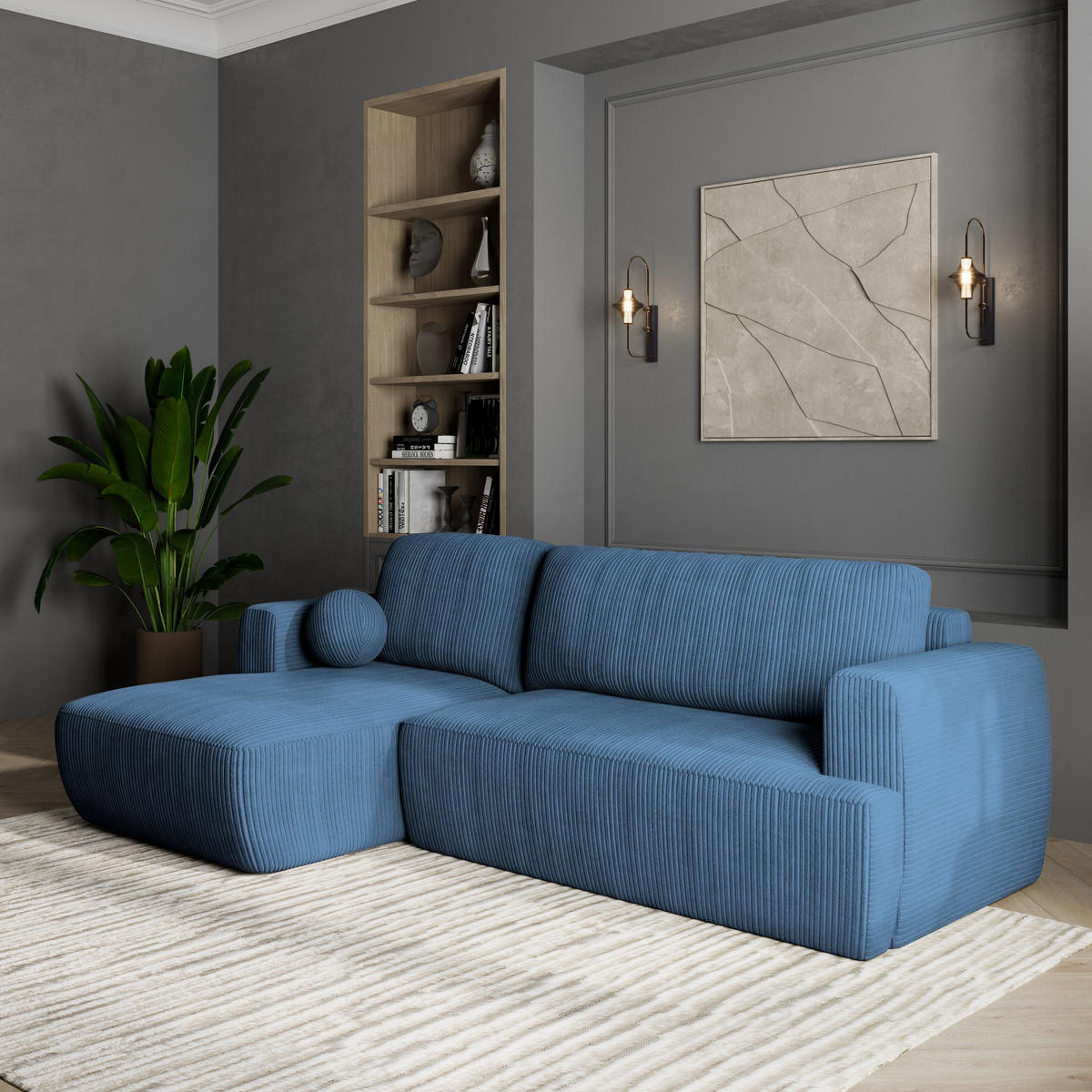 ECKSOFA SENTI P L-S Blau Kordstoff mit Schlaffunktion - Blau, Holz (246/148cm) - MASSENO