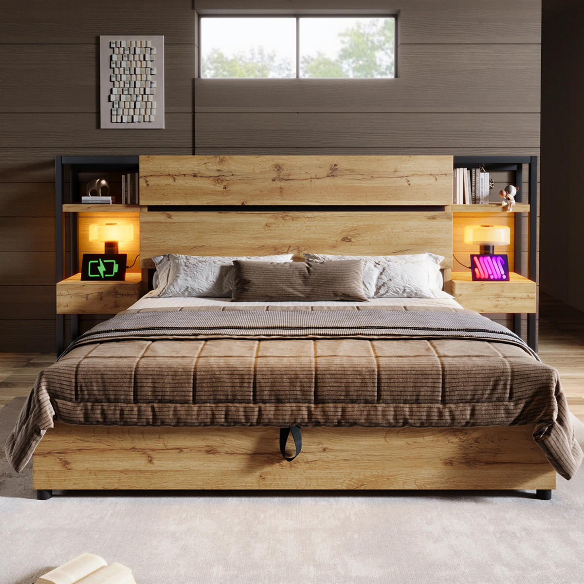 MANŽELSKÁ postel 160/200 cm dubová z MDF a kovu s úložným prostorem a USB nabíjením - barva dubu, kompozitní dřevo (160/200cm) - OKWISH