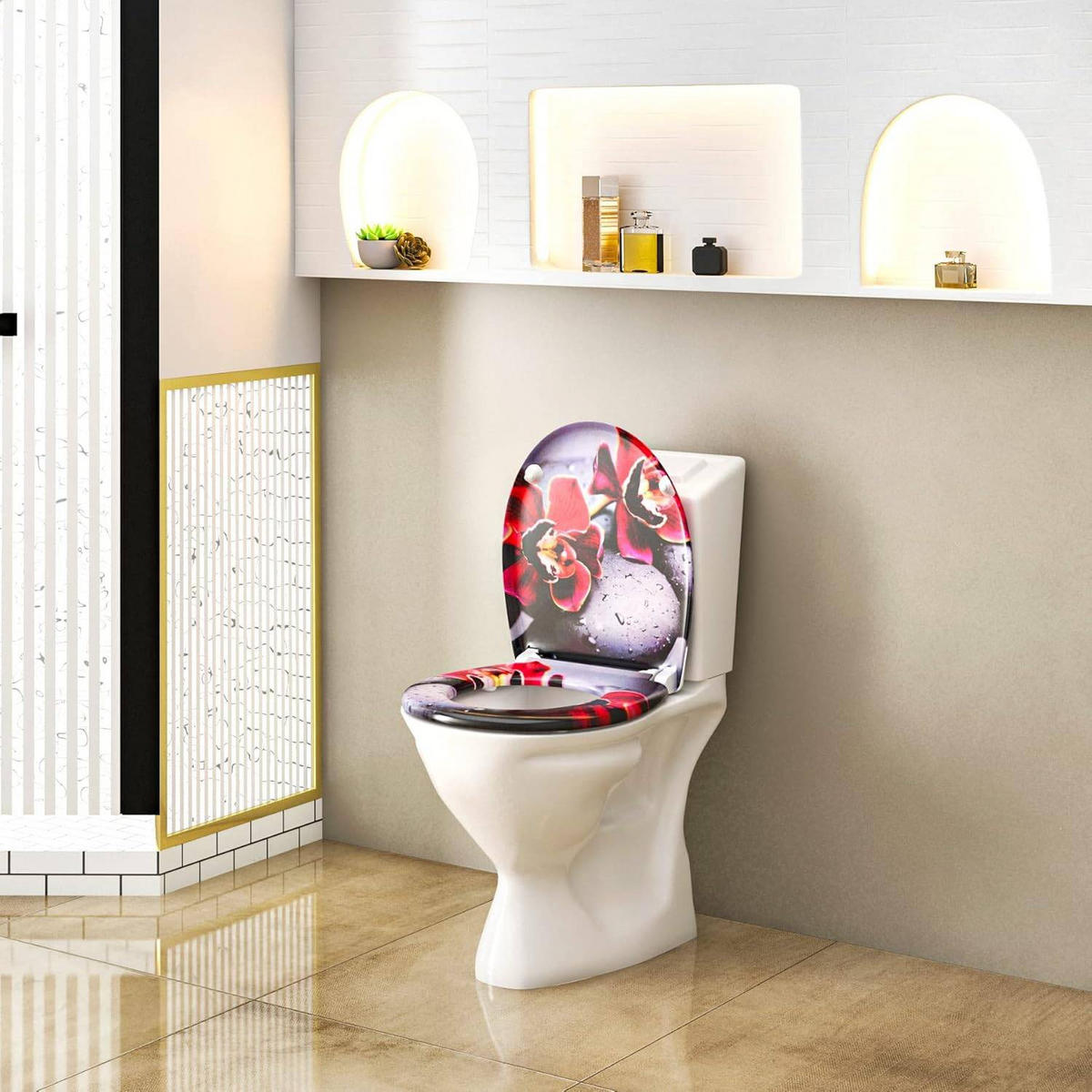 WC SITZ mit Absenkautomatik Motiv,175 kg belastbar,Duroplast - Rot/Schwarz, Kunststoff (37/2.51/45cm) - Woltu
