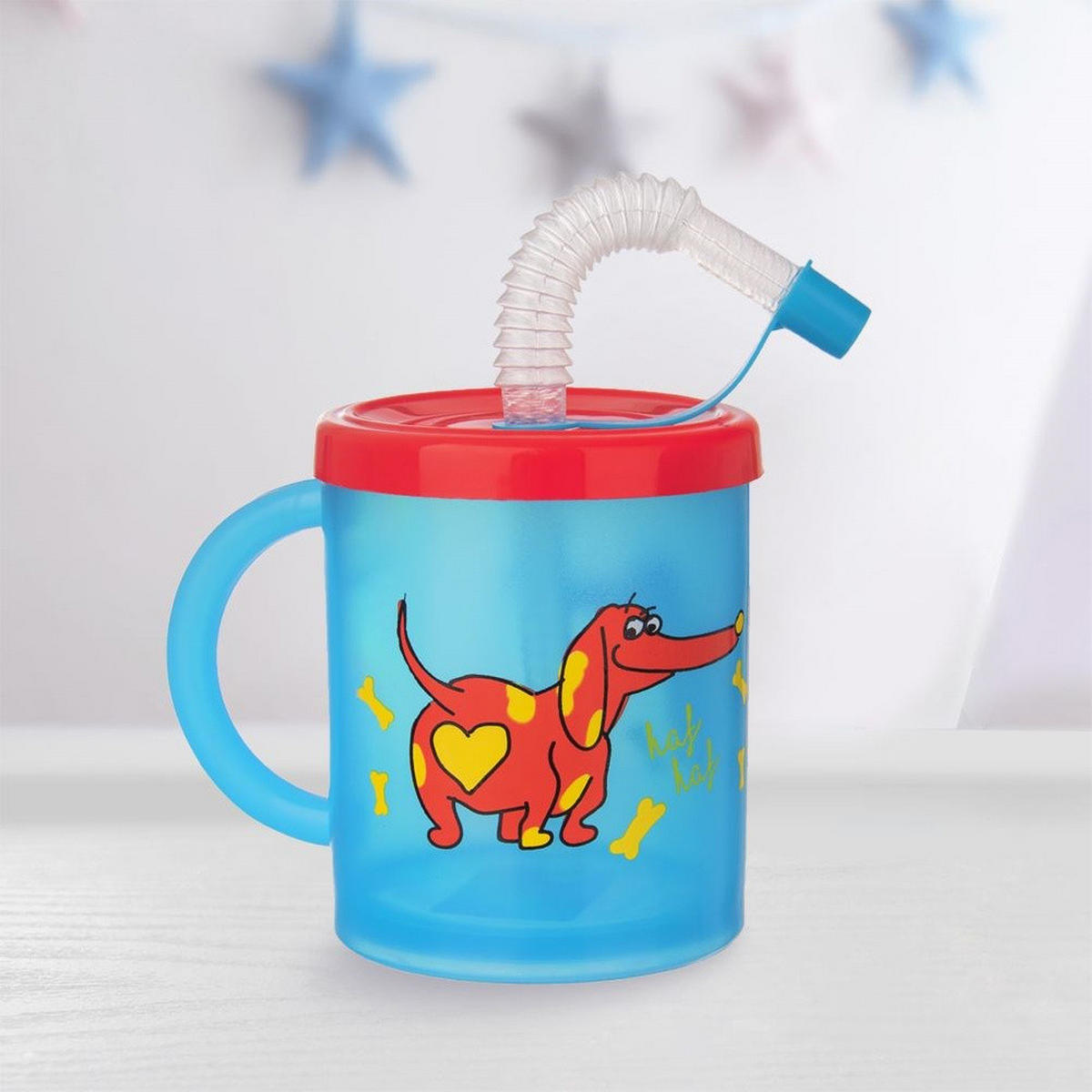 KINDERBECHER HUND MIT STROHHALM, Kunststoff, blau, 260 ml - Blau, Kunststoff (0.26L) - Orion 