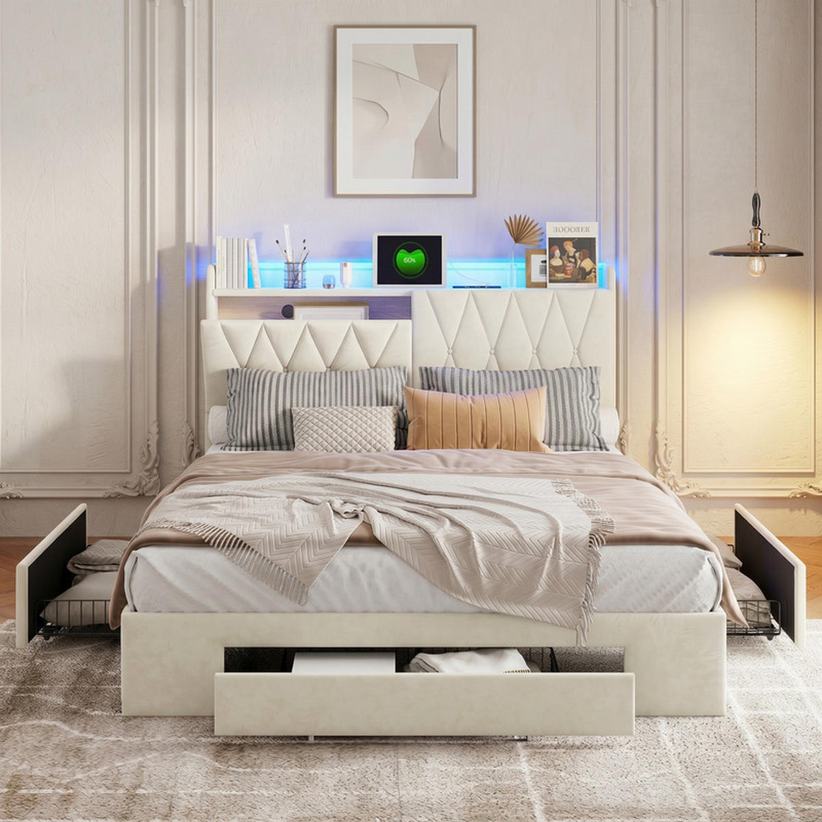 POLSTERBETT 140/200 cm beige mit Schubladen, LED und USB - Beige, Holz