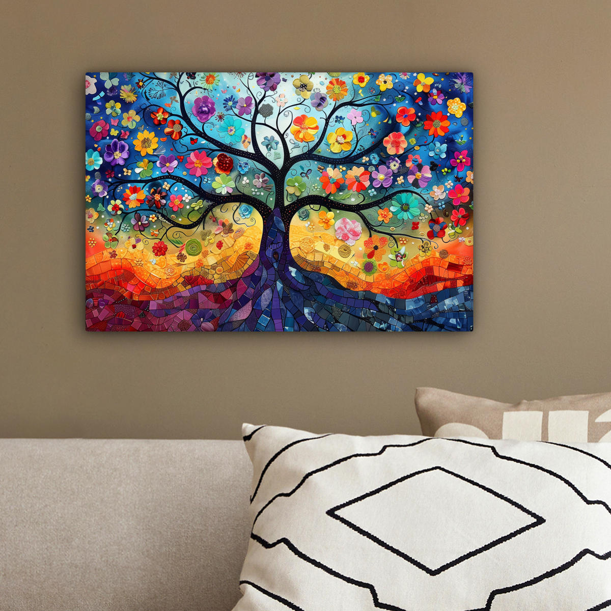 LEINWANDBILD Kunst - Baum des Lebens - Blumen - Hippie 30x20 cm - Dunkelblau, Textil (30/20cm) - MuchoWow