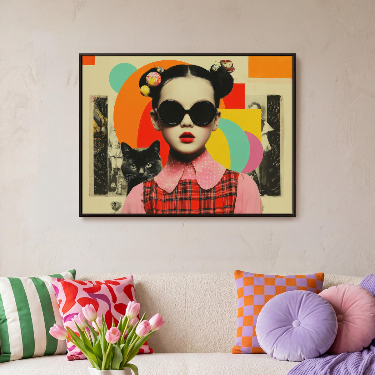 LEINWAND Bilder mit Rahmen - Mädchen - Sonnenbrille - Katze - Retro - 70x50 - Beige, Textil (70/50cm) - MuchoWow