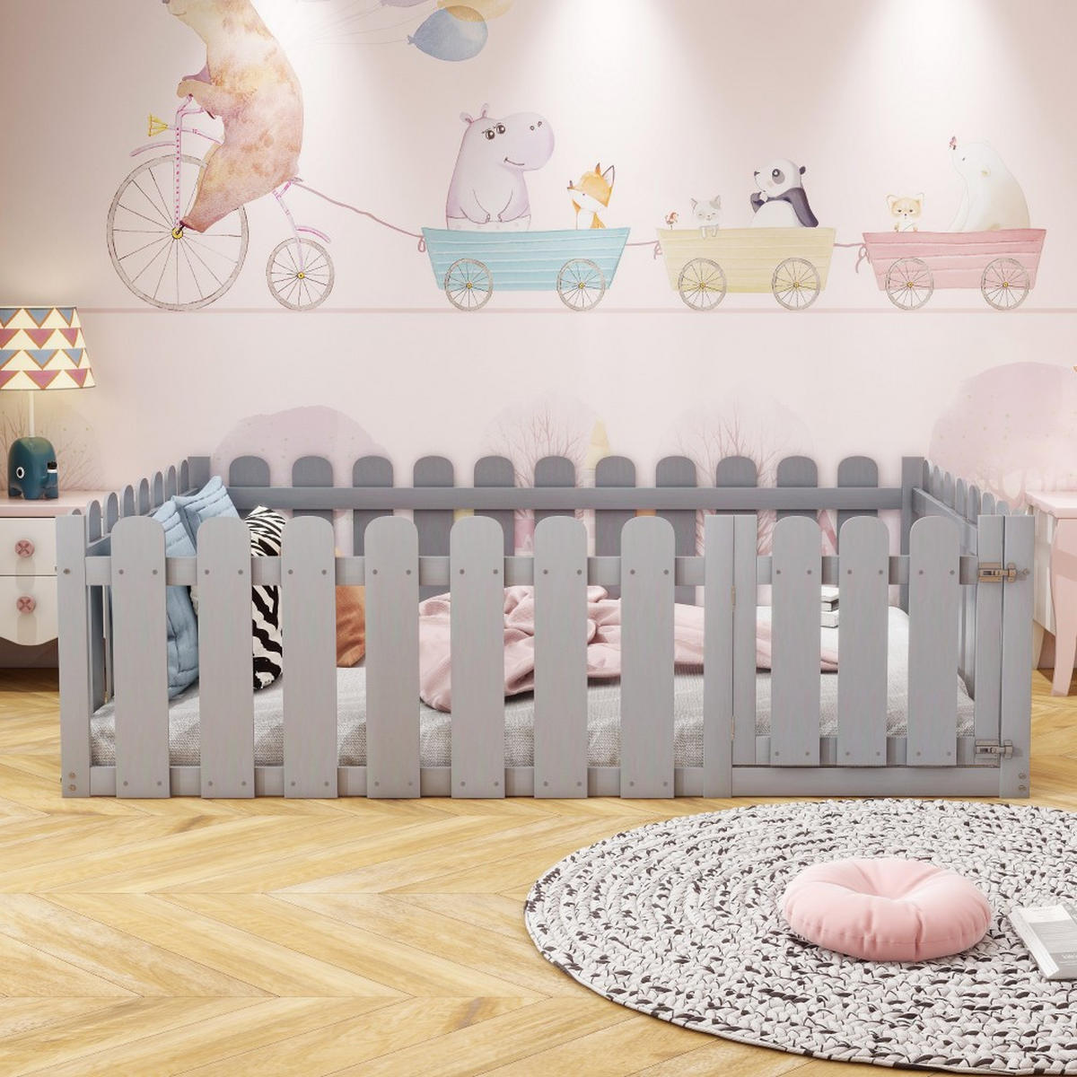 KINDERBETT 140 x 200cm mit Umrandung und Tür in Grau - Grau, Holz (140/200cm) - KOMHTOM