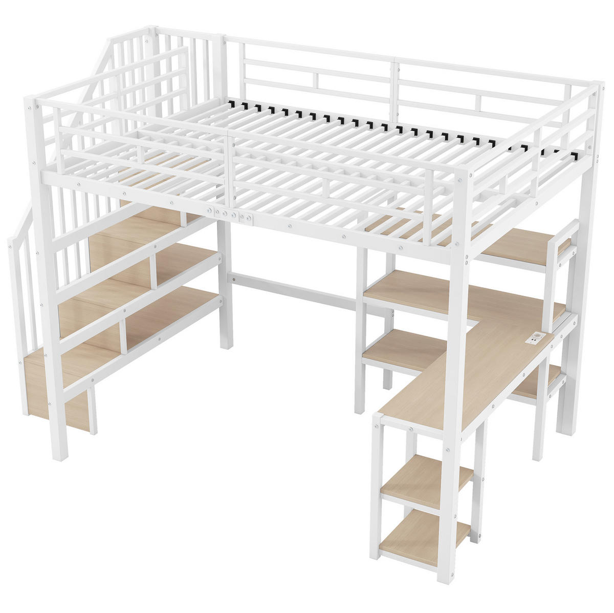 HOCHBETT 140/200 cm weiß aus Metall und MDF mit Schreibtisch und LED - Weiß, Metall (140/200cm) - OKWISH