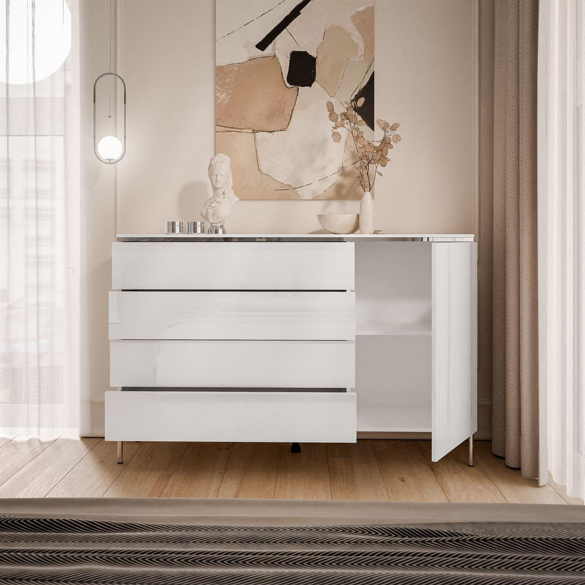 KOMMODE AURORA SILVER 4S1D mit Schubladen – mit geraden verchromten Beinen - Weiß Hochglanz, Holzwerkstoff (140/94.5/40cm) - Lookway