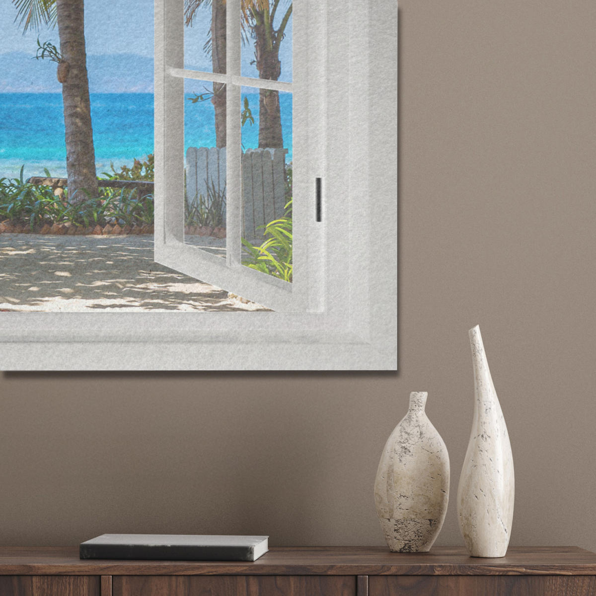 AKUSTIKBILD Aussicht - Baum - Meer - Palme - Hügel - Strand - Blau Wandbild Wohnzimmer 100x70 cm - Blau, Textil (100/70/0.9cm) - MuchoWow