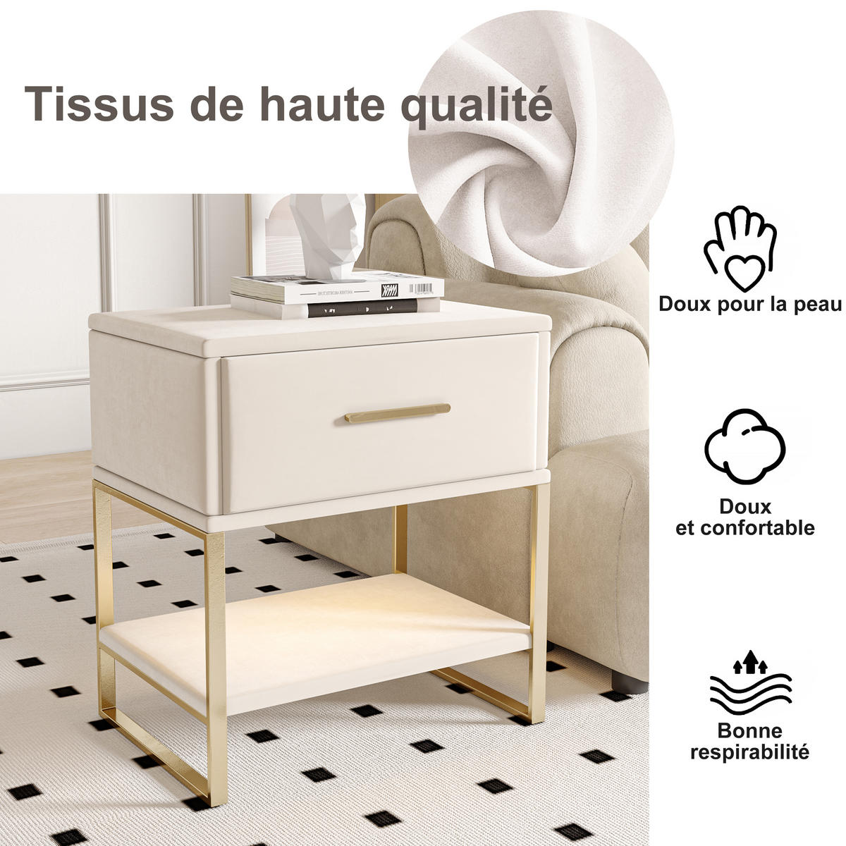 NATTDUKSBORD, beige sammet, LED, låda, metallram - Beige, Träbaserade material (40/50/31cm) - SHOPENTRA