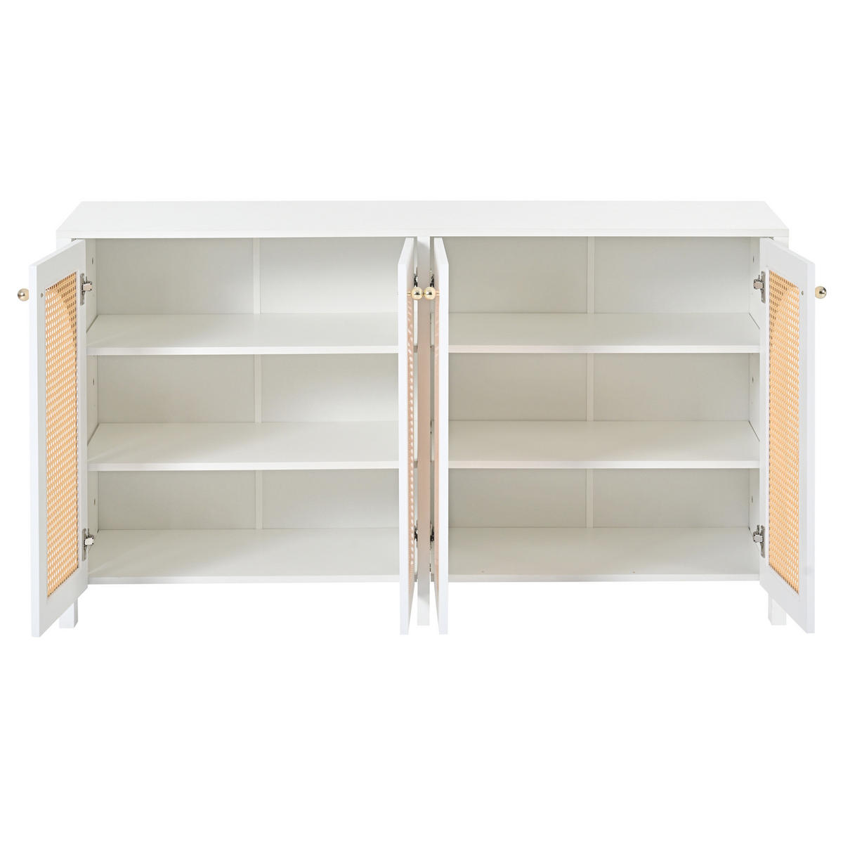 SIDEBOARD aus MDF 145x80x40 cm Weiß mit 4 Türen, Kunst-Rattan und verstellbarem Einlegeboden - Weiß, Holzwerkstoff (145/40/80cm) - Modfu