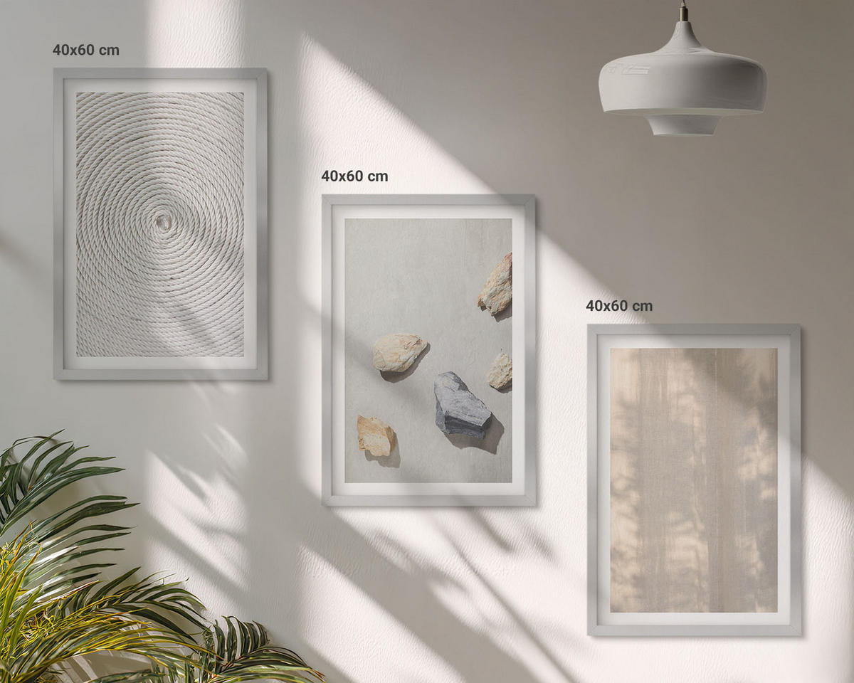 WANDBILDER 3er Set - 40x60 cm Silberner Rahmen - Boho-Naturtexturen und -Strukturen - Silberfarben, Kunststoff (40/60cm) - ArtPrintCave