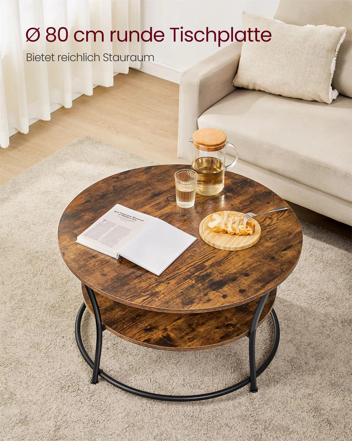 COUCHTISCH rund 80 cm Sofatisch Ablage - Braun, Holz (80/80/46.5cm) - Kaket