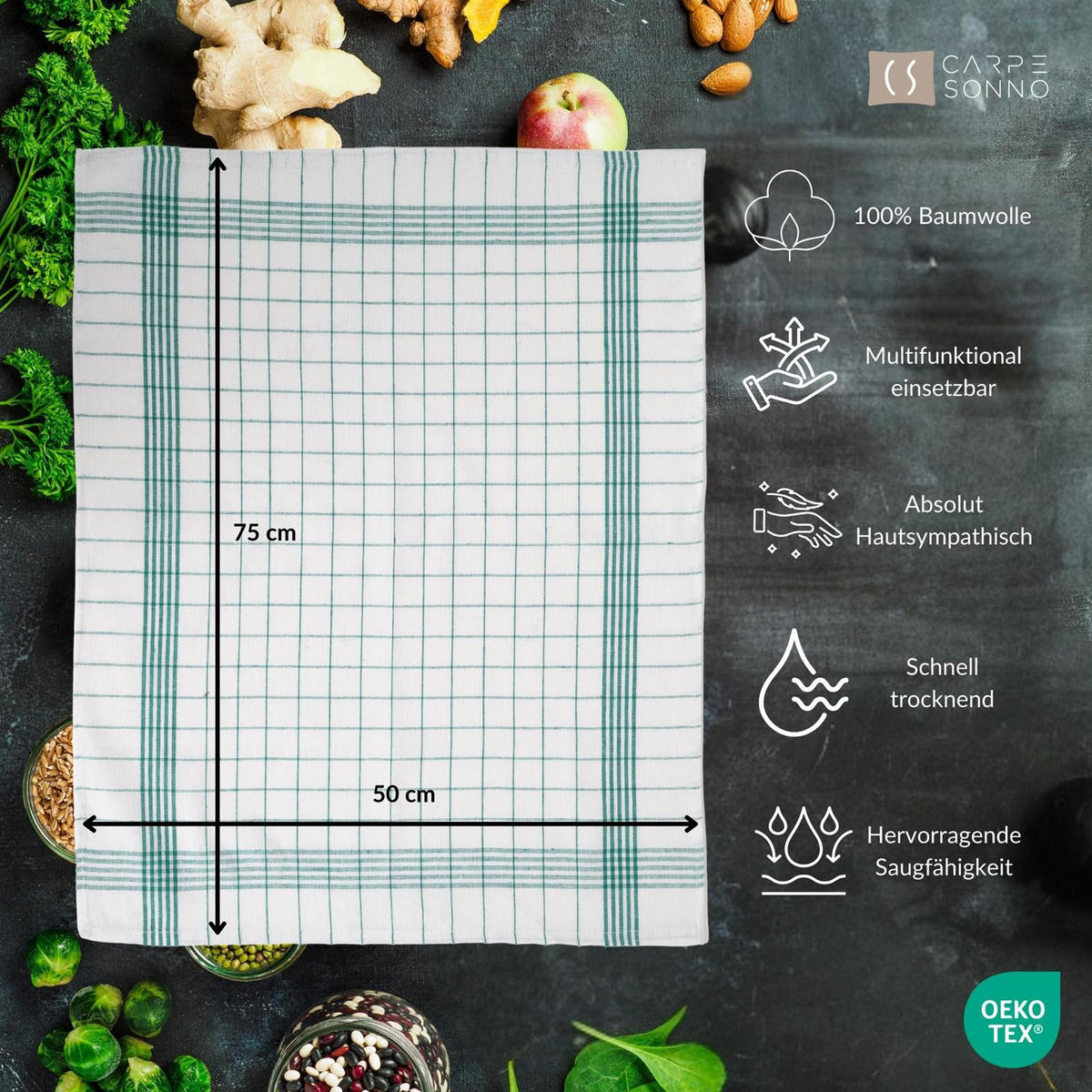 GESCHIRRTÜCHER 50x70 cm im 20er Set aus 100% Baumwolle, Küchentücher Grün - Grün, Textil (50/70cm) - Carpe Sonno