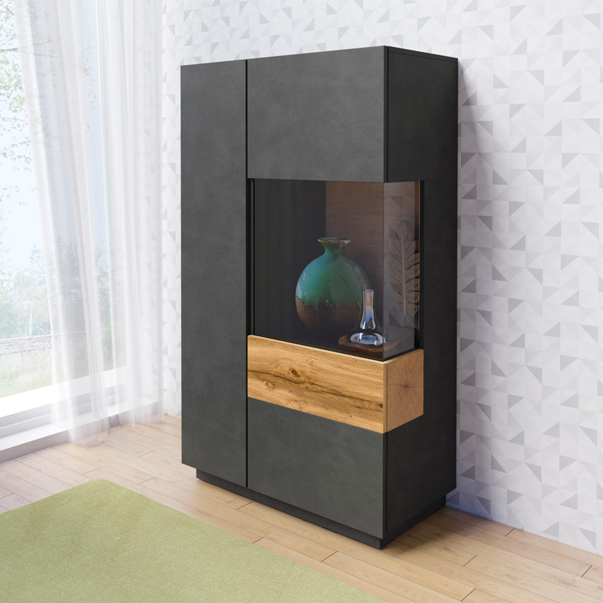 VITRÍNA Andrea Antracitově šedá a dřevo - šedá, kompozitní dřevo (80/139/40cm) - Petits-meubles