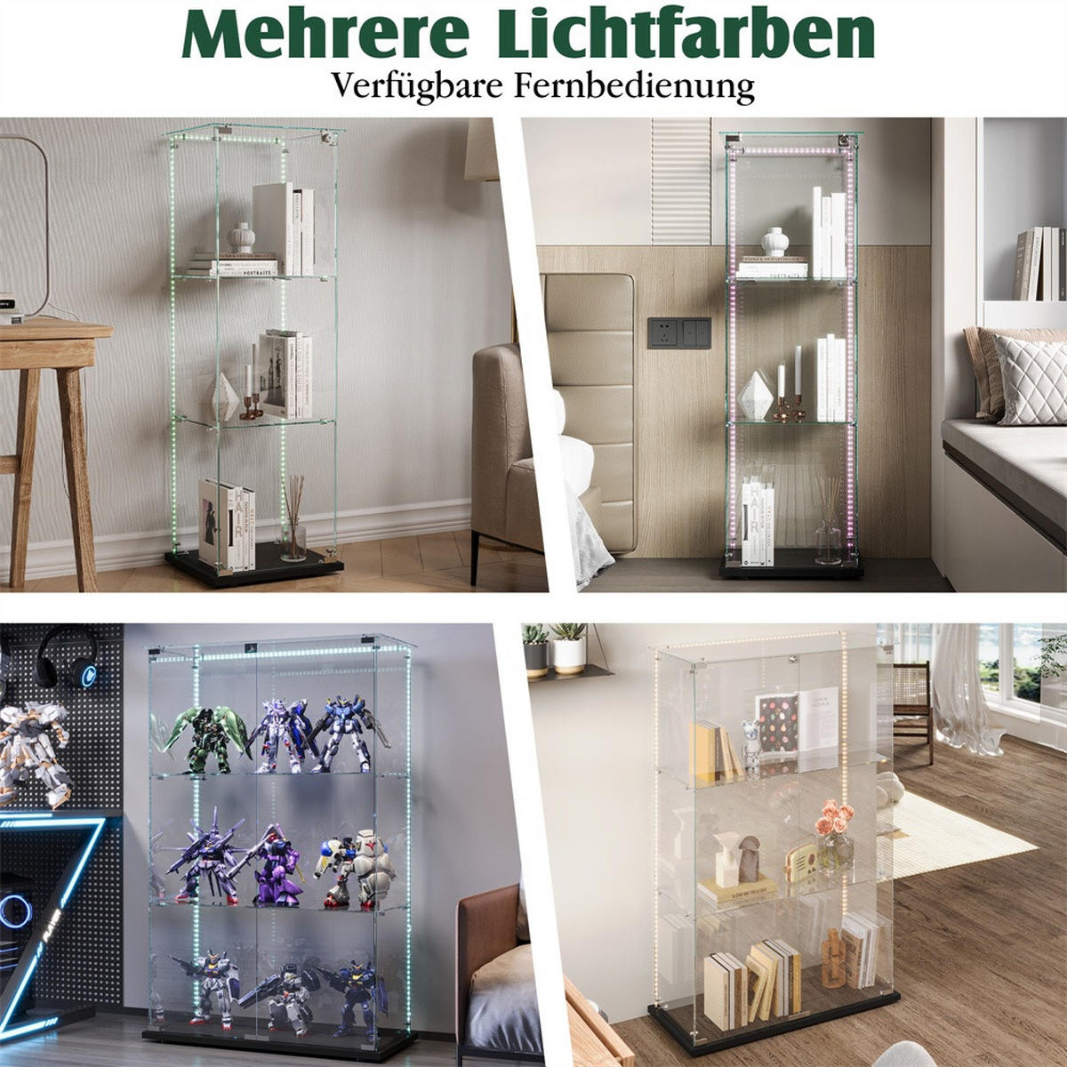 VITRINE - Glas-Vitrine mit 1 Tür - 3 Ebenen und LED-Lichtband-Beleuchtung - Schwarzer Boden - Schwarz, Glas (39.8/123.3/35cm) - DELFA