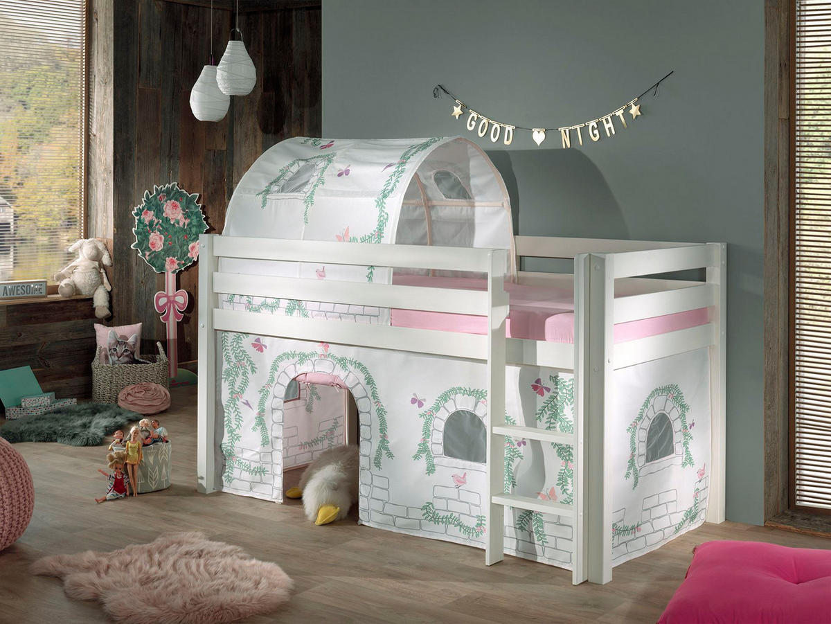 KINDERBETT Karolina 210x114x106 Massivholz Weiß Textilset Burg 2 - Hellgrau/Weiß, Holz (90/200cm) - 58aufmkessel