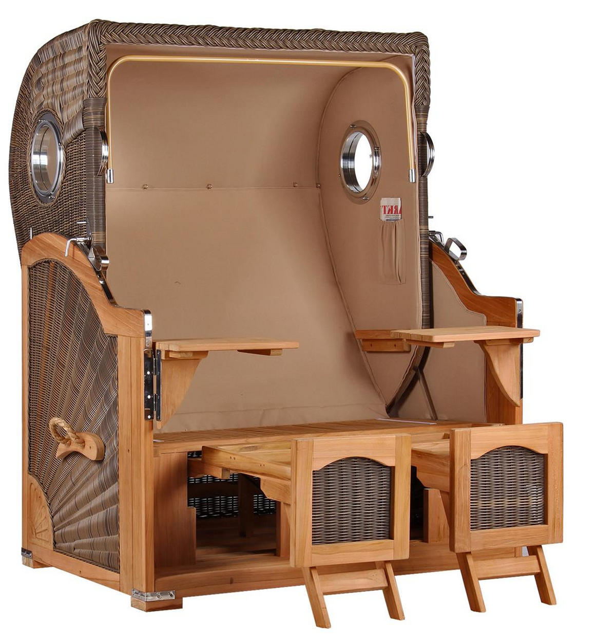 STRANDKORB Düne 2 Sitzer Teak PE Grey - Braun/Grau, Holz/Metall (125/170/80cm) - Mr. Deko