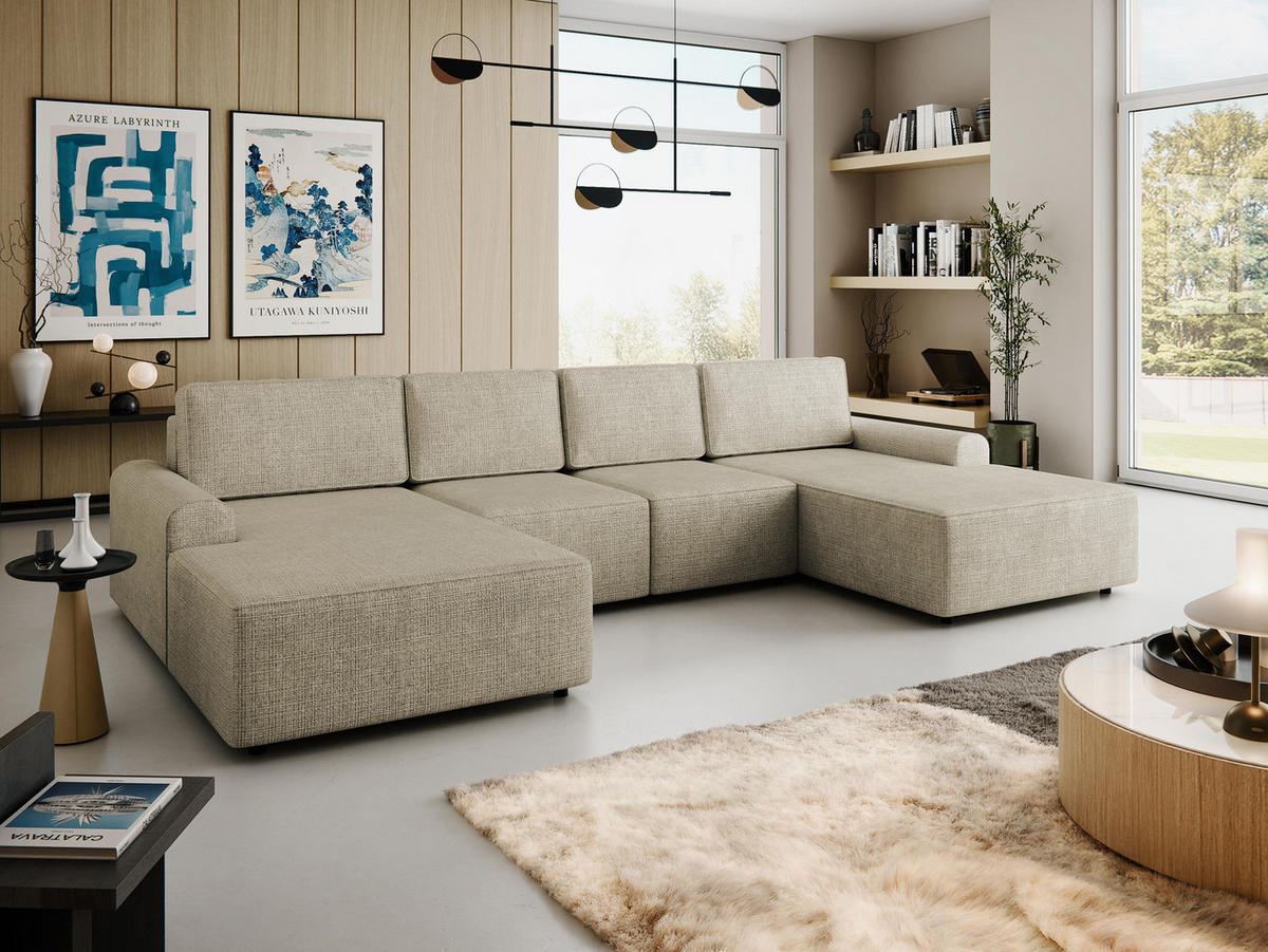 WOHNLANDSCHAFT Bella XL - Beige/Schwarz, Holz/Kunststoff (338/85/168cm) - MIRJAN24