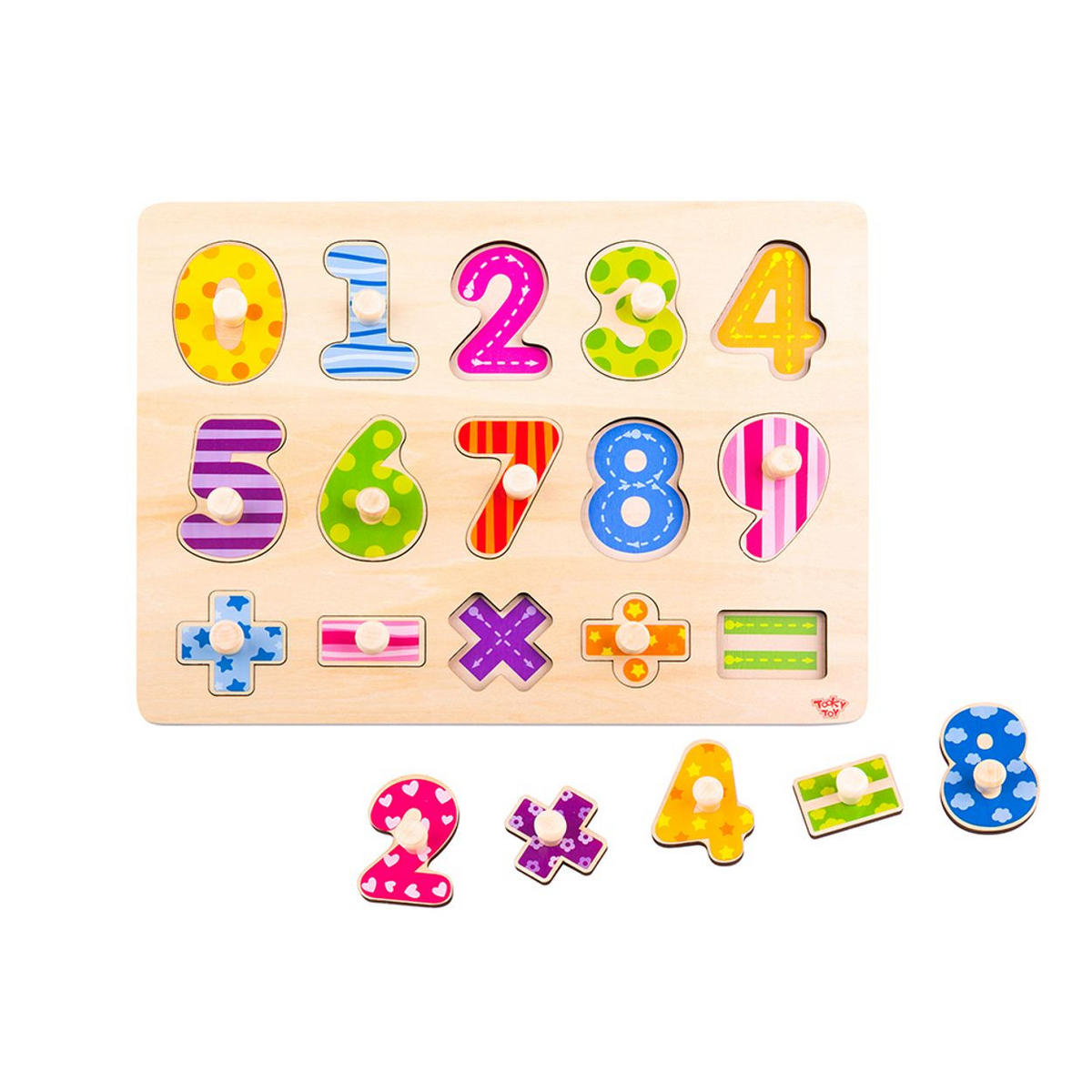 HOLZ Zahlenpuzzle TY851 bunt Holz, Zahlen 0-9, Rechenzeichen, Steckspiel, Griffe, Motorik - Multicolor, Holz (22/30cm) - Tooky Toy