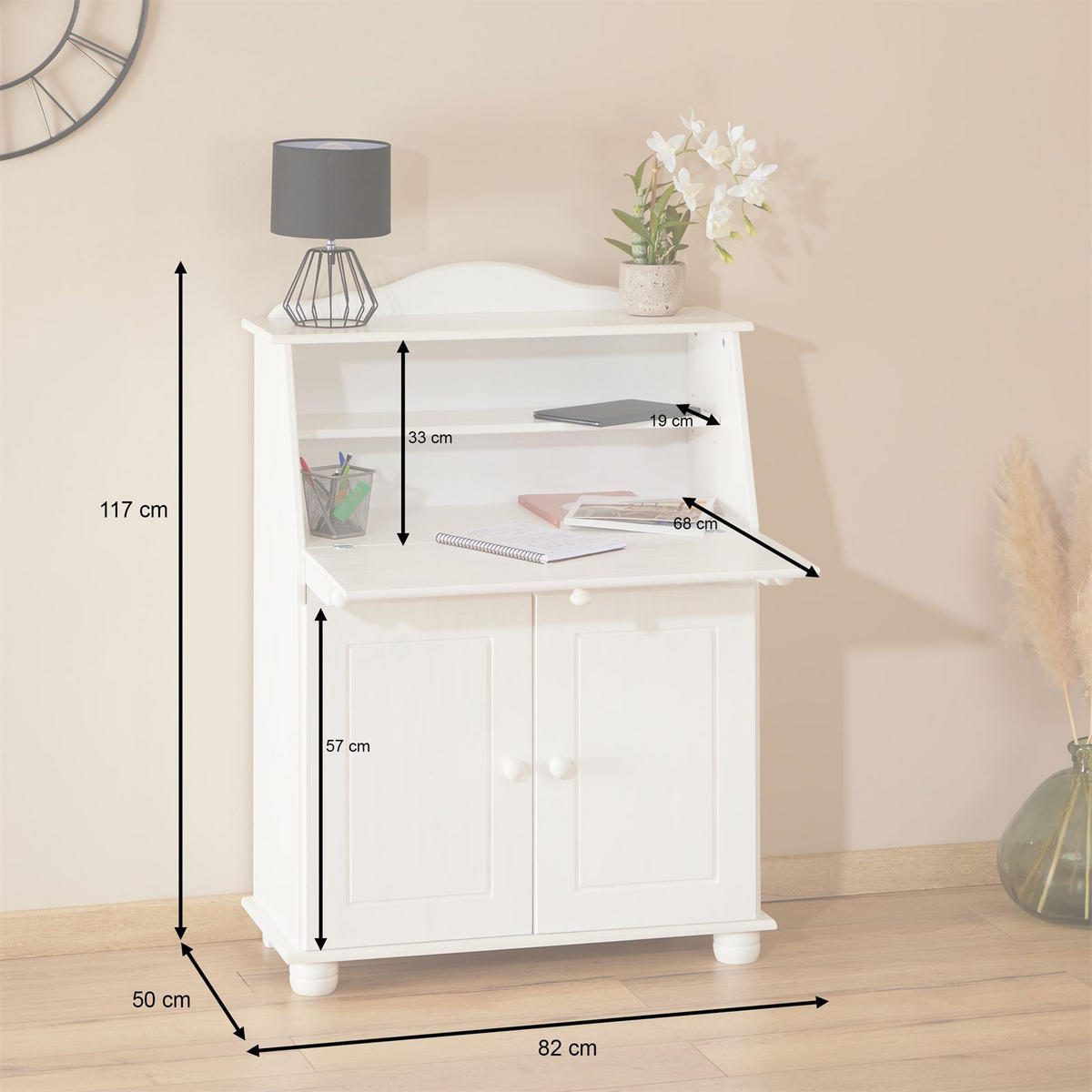 SEKRETÄR DAVID - Weiß, Holz (38/82/117cm) - IDIMEX