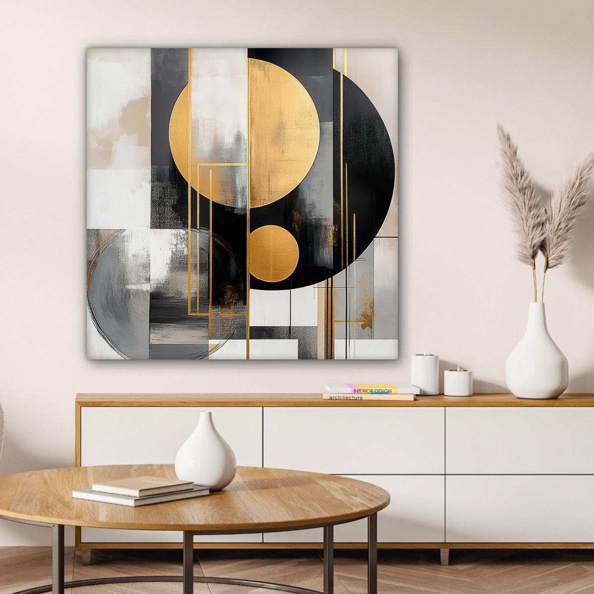 LEINWANDBILD Abstrakt - Gold - Silber - Formen - Ästhetisch - Modern Deko Groß 90x90 cm - Goldfarben, Textil (90/90cm) - MuchoWow