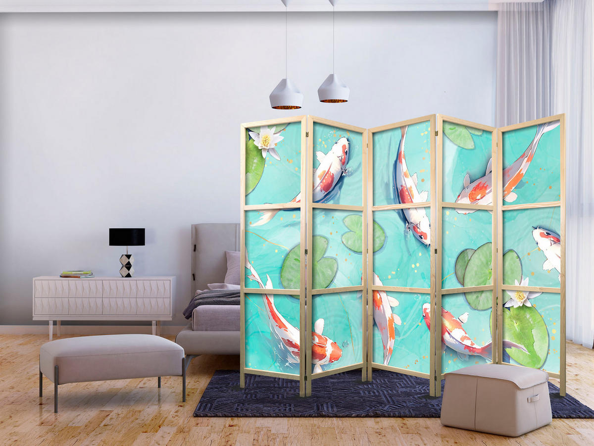 PARAVENT Japanischer 5-tlg 225x172 cm Blumen Und Kois - Multicolor, Holz/Textil (225/172/3cm) - Muralo