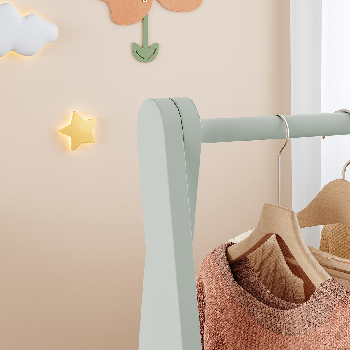 DĚTSKÝ VĚŠÁK NA OBLEČENÍ Vestnes II. - mátově zelená, kompozitní dřevo (66/99/38cm) - [en.casa]