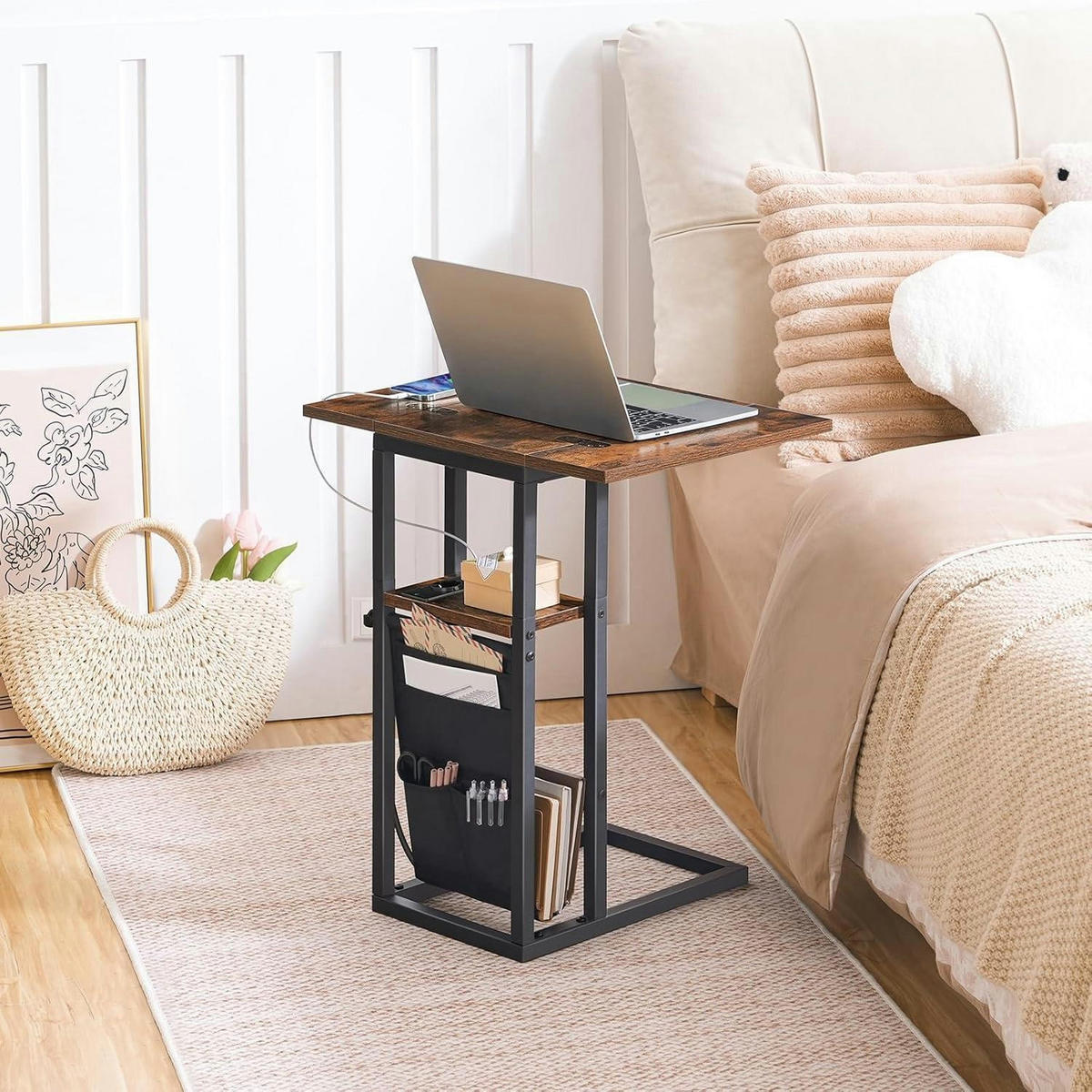 BEISTELLTISCH mit Ladestation und Aufbewahrungstasche Vintagebraun und Schwarz - Multicolor, Holzwerkstoff (52/39/61cm)