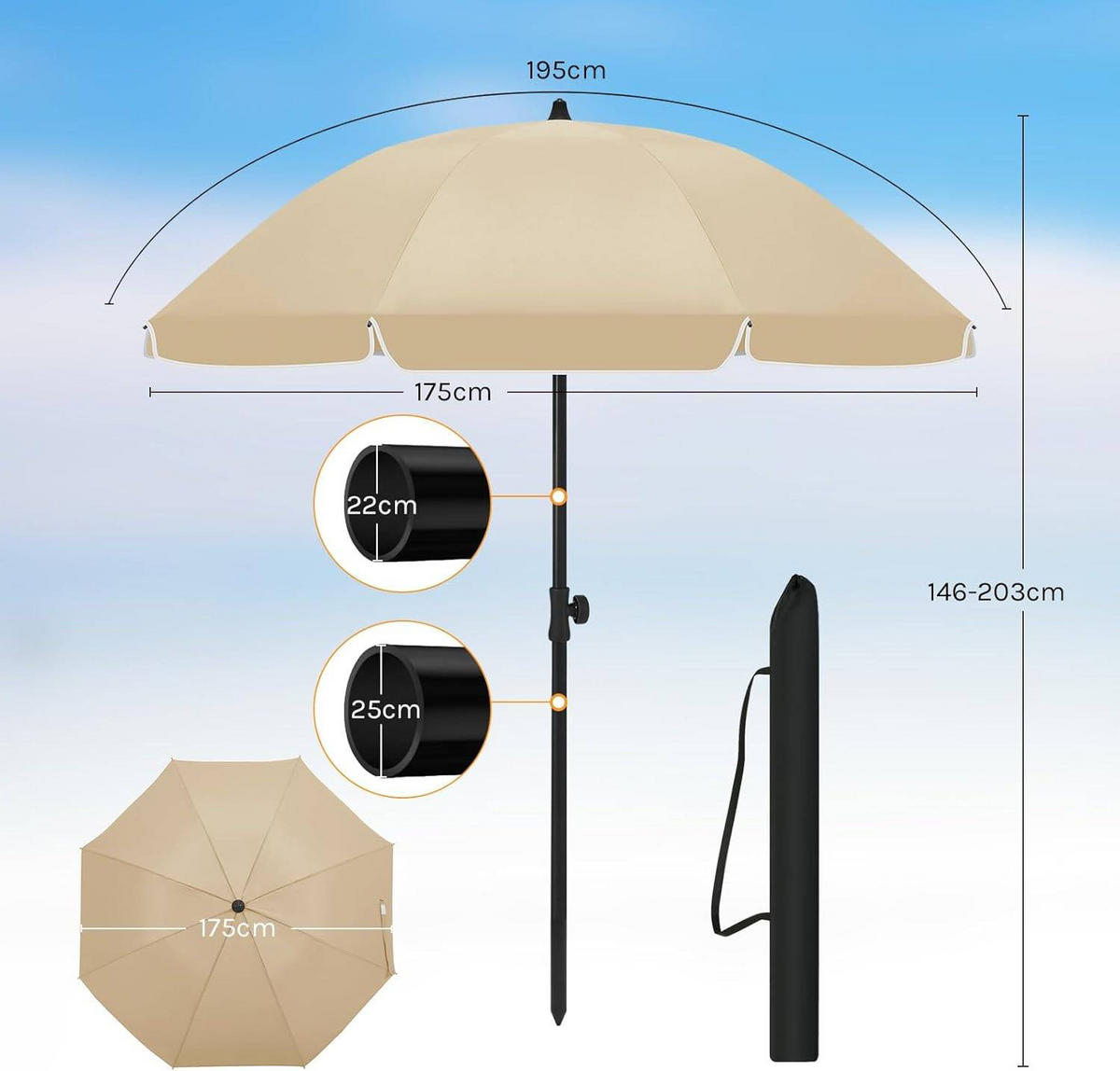 SONNENSCHIRM, Balkonschirm Strandschirm UV-beständig wasserdicht - Taupe, Metall (175/175cm) - Woltu
