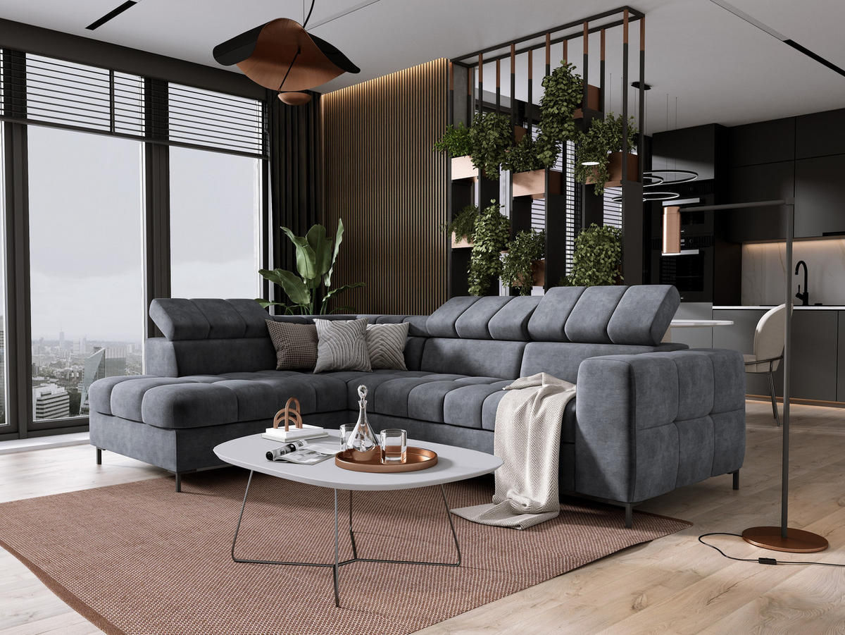 ECKSOFA PABLOS Cloud, L-förmig, Moderne, mit verstellbarem Kopfteil, Schlaf- & Lagermöglichkeiten, freistehend, LINKS 201x279x97 cm Dark grey - Dunkelgrau, Holz/Textil (201/279cm) - DomoHome